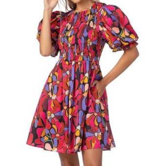 Crosby by Mollie Burch Lizzy Smocked Puff Sleeve Dress in Daisy Disco - Picture 1 of 7